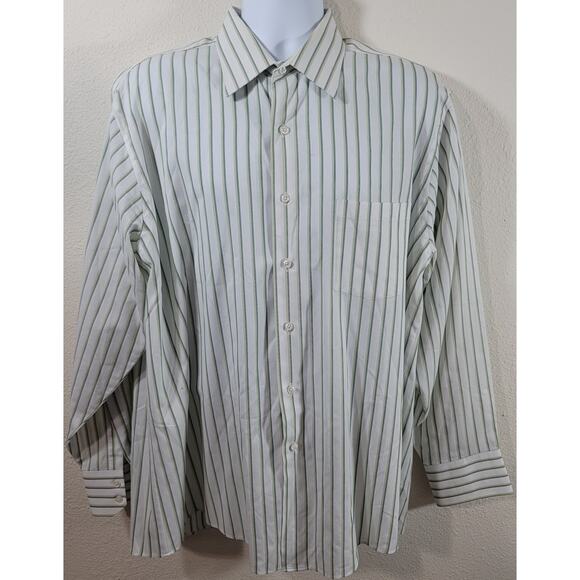 Van Heusen White Green Blue Striped Button Up Shirt 17 17.5 34 35 XL Lightweight - Picture 1 of 6